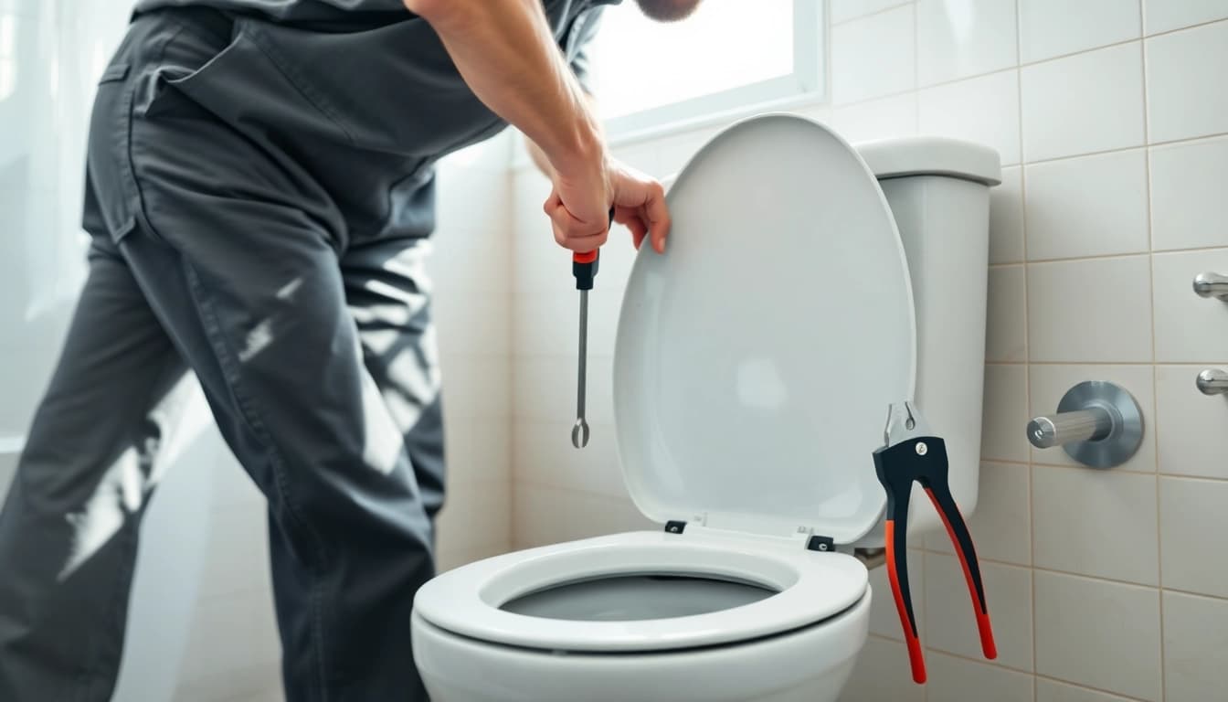 Plumber about to start toilet repair with tools on hand in a bright bathroom.