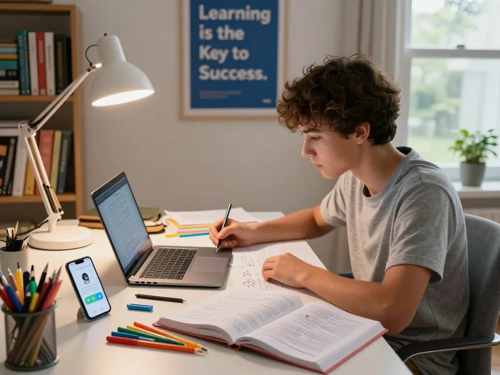 Student, der einen Hausaufgaben Löser online auf einem Laptop während einer Hausaufgaben-Studienseession zu Hause nutzt.