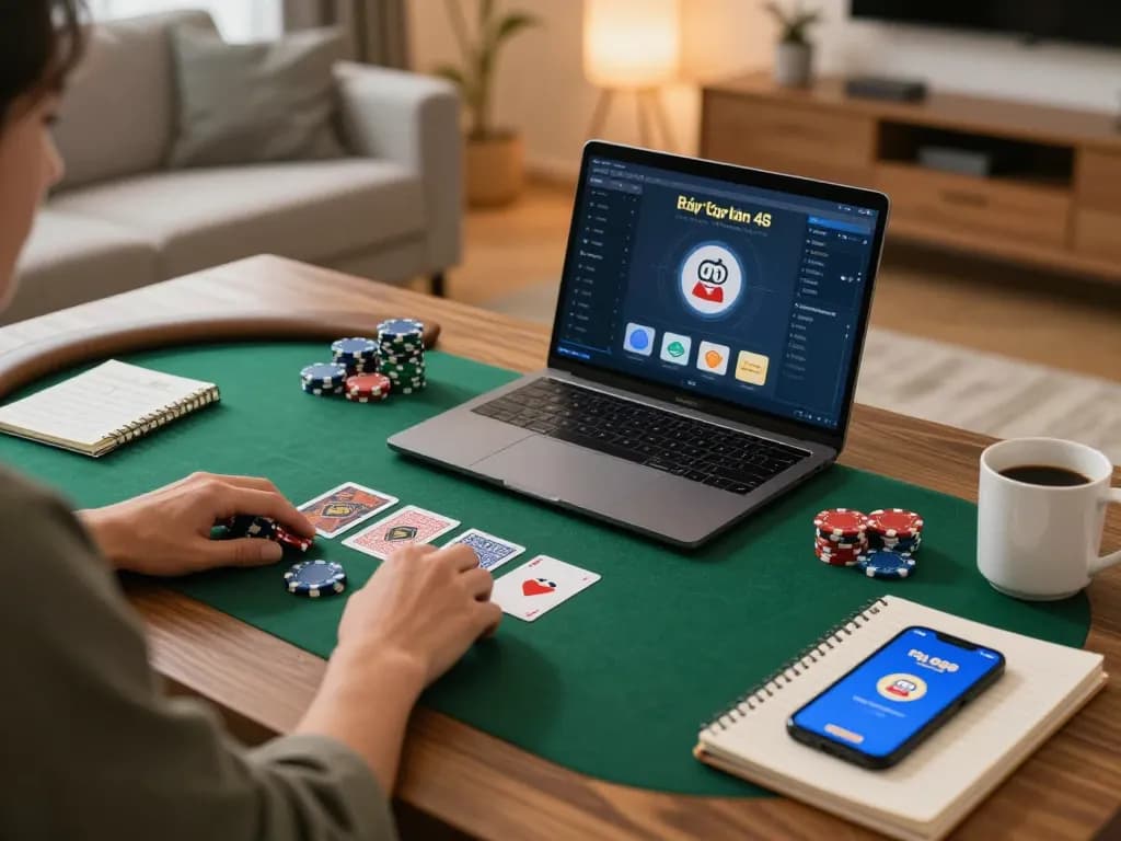 Play online poker at home using hỗ trợ qq88 app, showcasing strategy notes and cozy atmosphere.