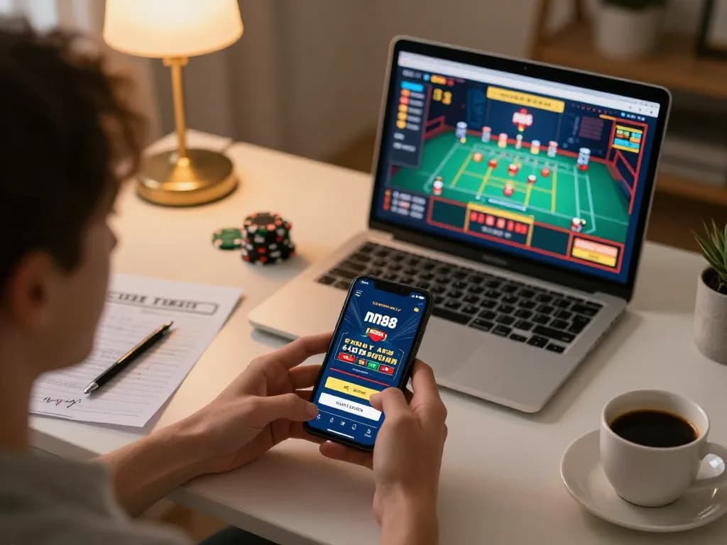 Engaging in online gaming with nn88 app on smartphone while seated at a cozy desk.