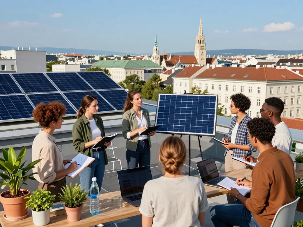 Gruppe diskutiert Lösungen für Solarenergie in Wien auf einem Stadt-Dach, präsentiert Solarpanel-Designs.