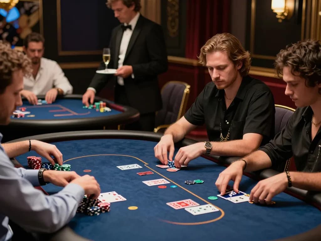 Players strategizing at the MK8 poker table in a luxurious casino, showcasing thrilling gameplay.