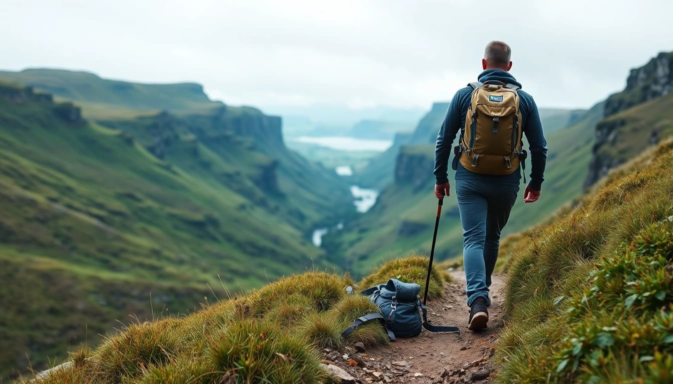 Irland wandern auf einem malerischen Wanderweg mit üppigen grünen Hügeln und dramatischen Klippen.