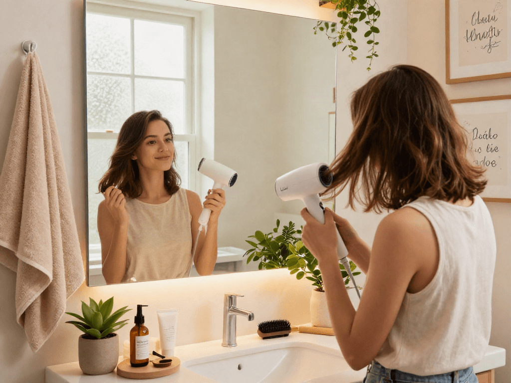 Laifen Mini Haartrockner in Nutzung während einer entspannenden Haarstylingsitzung im modernen Bad.