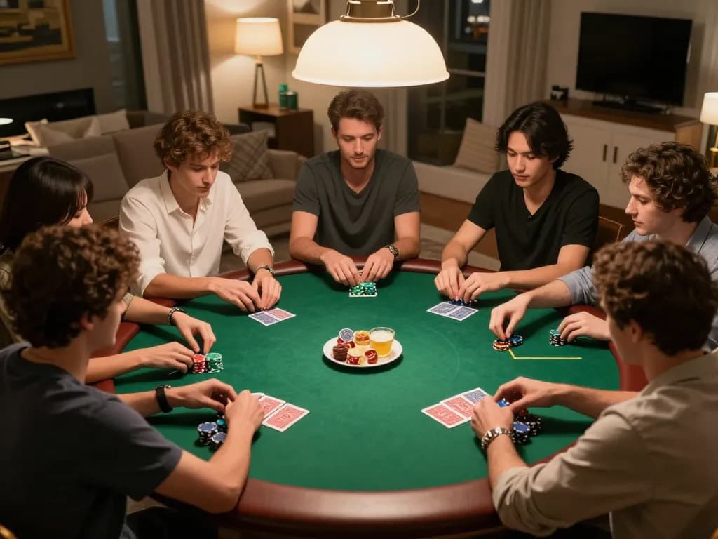 Players strategizing during a friendly poker night at home, showcasing engagement with Man 88.