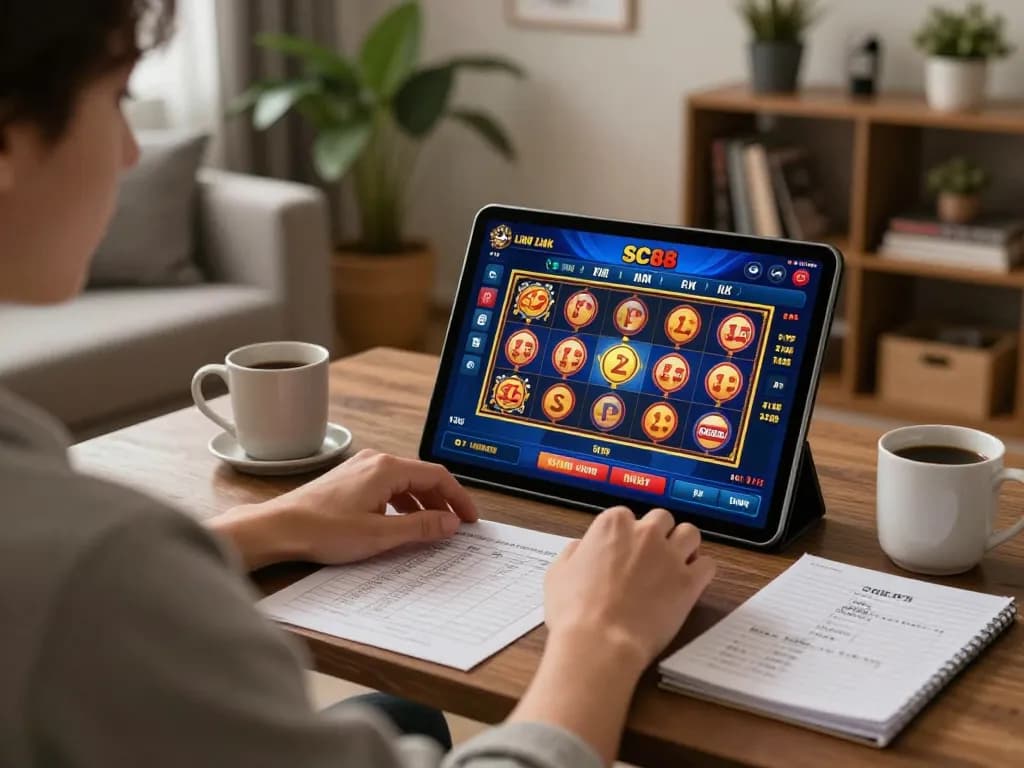 Engaging player accessing SC88 Link on tablet for exciting casino gaming at home