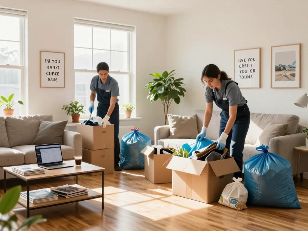 Effizientes Räumung Wien Serviceteam, das ein gemütliches Wohnzimmer mit professioneller Expertise entrümpelt.