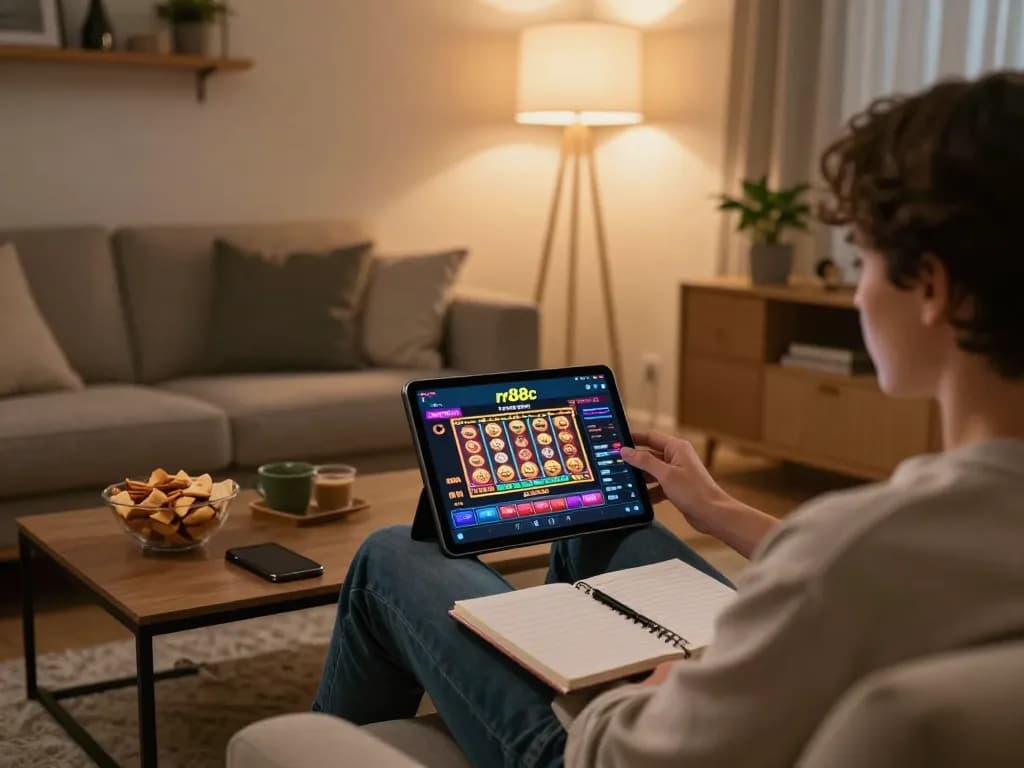 Engaging with the rr88c casino app on a tablet while enjoying a cozy home setting