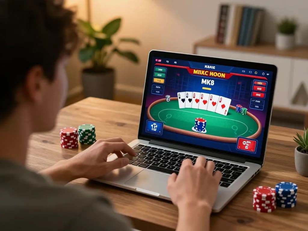 Player enjoying an engaging MK8th poker session on a laptop, showcasing responsible gambling.