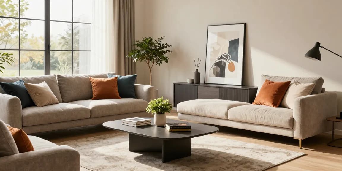 Erleben Sie wohnmöbel online kaufen mit einer stilvollen Wohnzimmergestaltung, die ein gemütliches Sofa, bunte Kissen und warmes Sonnenlicht umfasst.