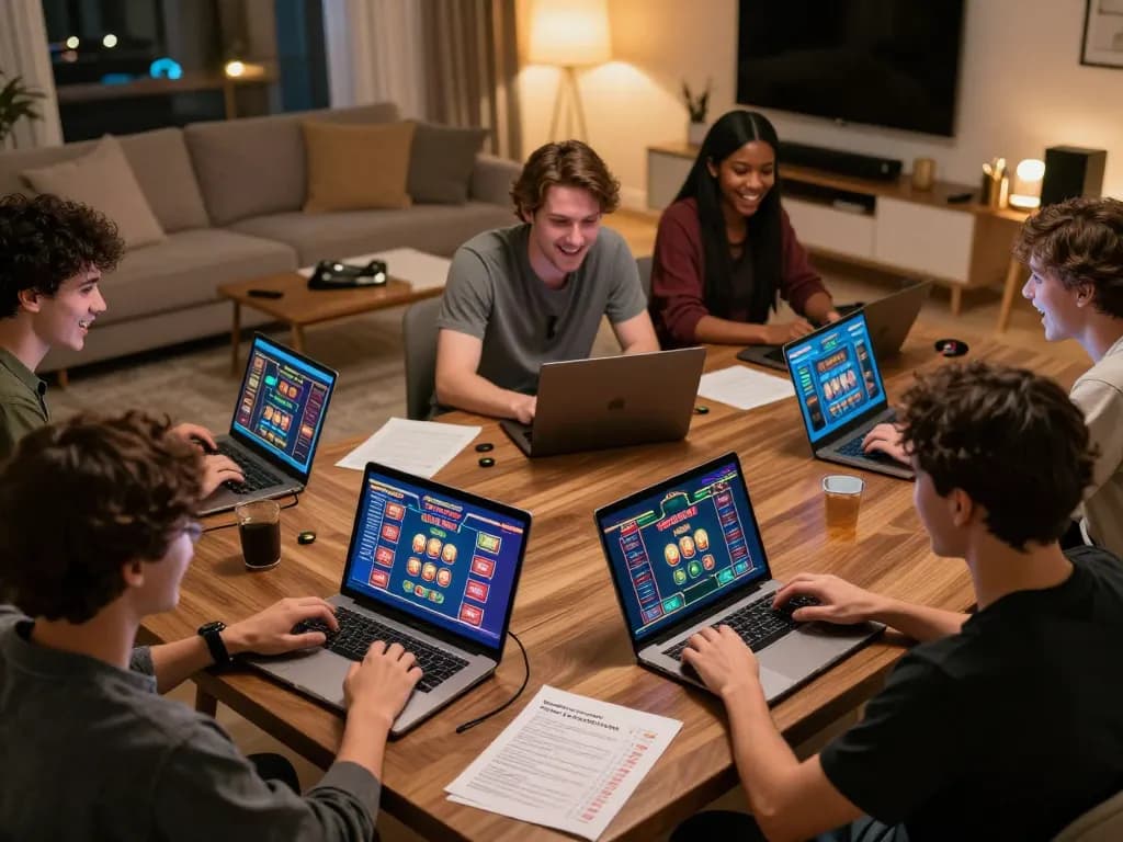 Excited players enjoying rr88c online casino games in a cozy home environment with vibrant game screens
