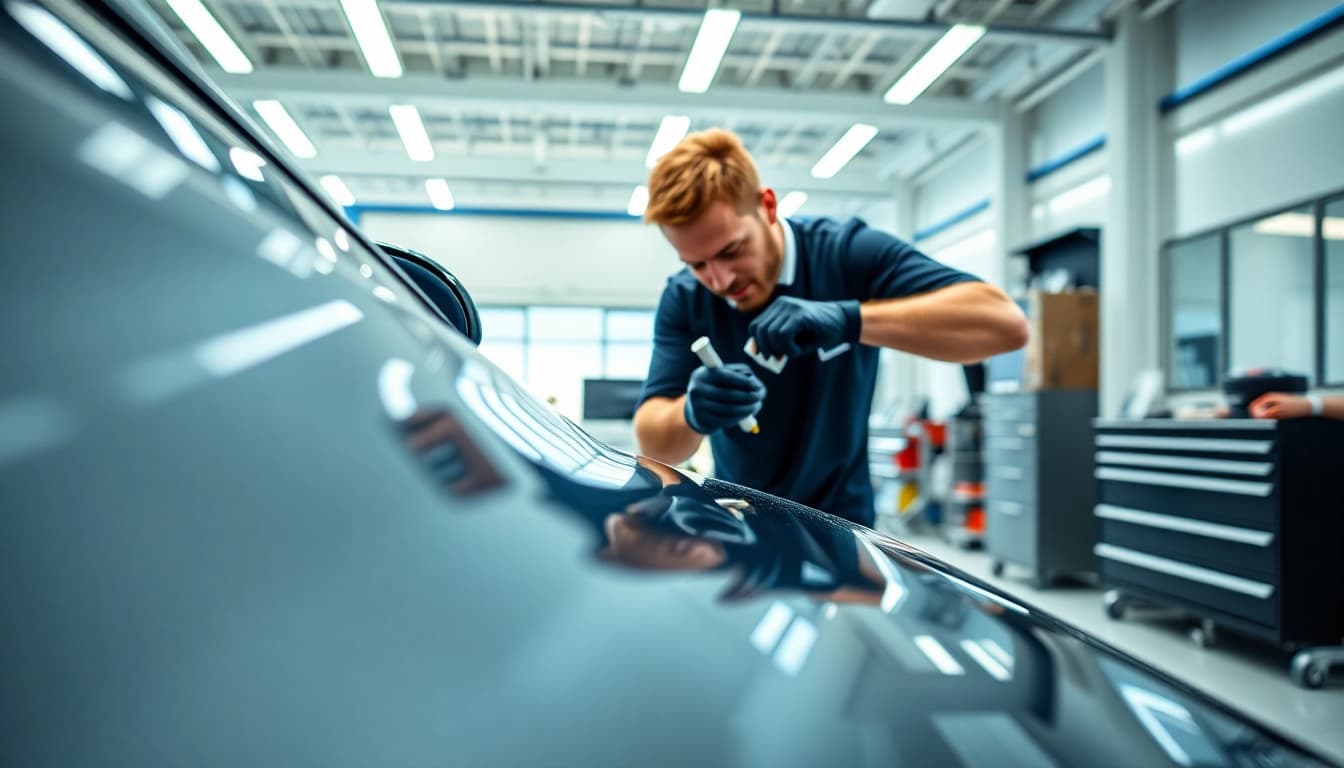 Fahrzeugaufbereitung durch einen Fachmann in einer modernen Werkstatt mit glänzenden Autos.