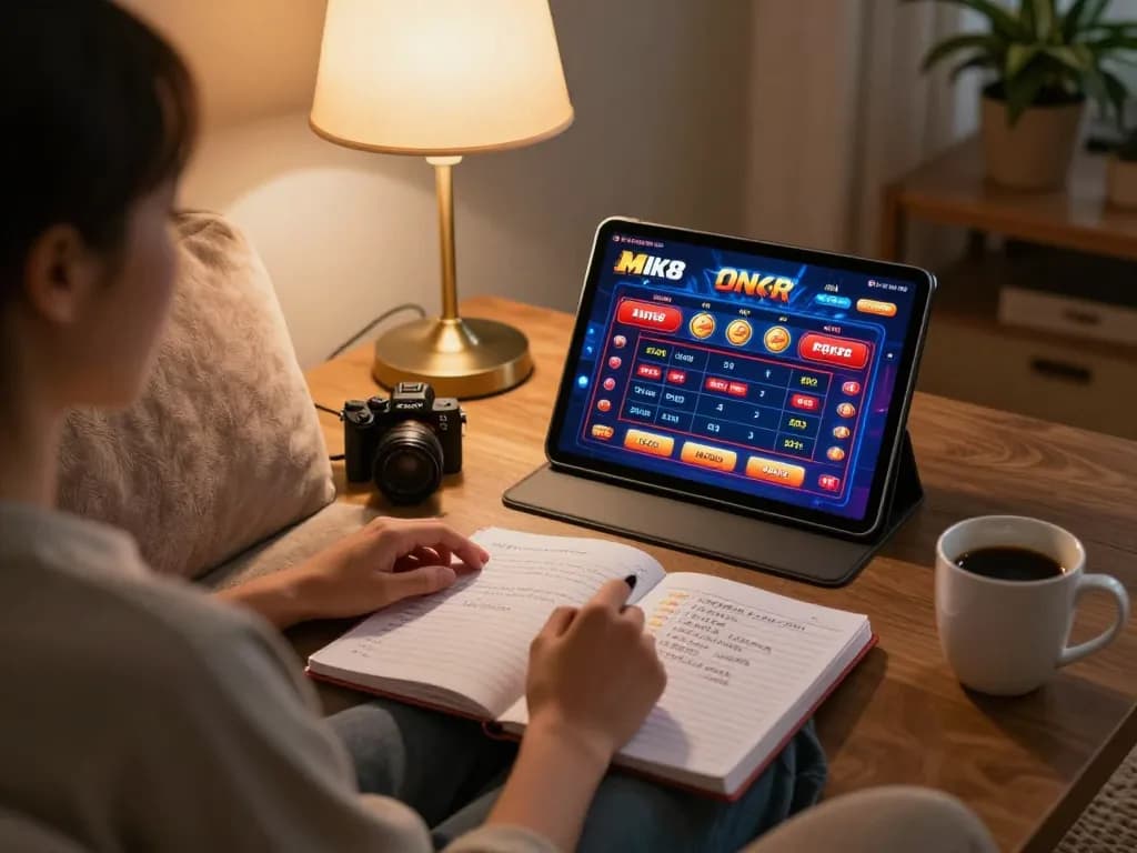 Player enjoying online gambling on MK8 tablet within a cozy home environment.