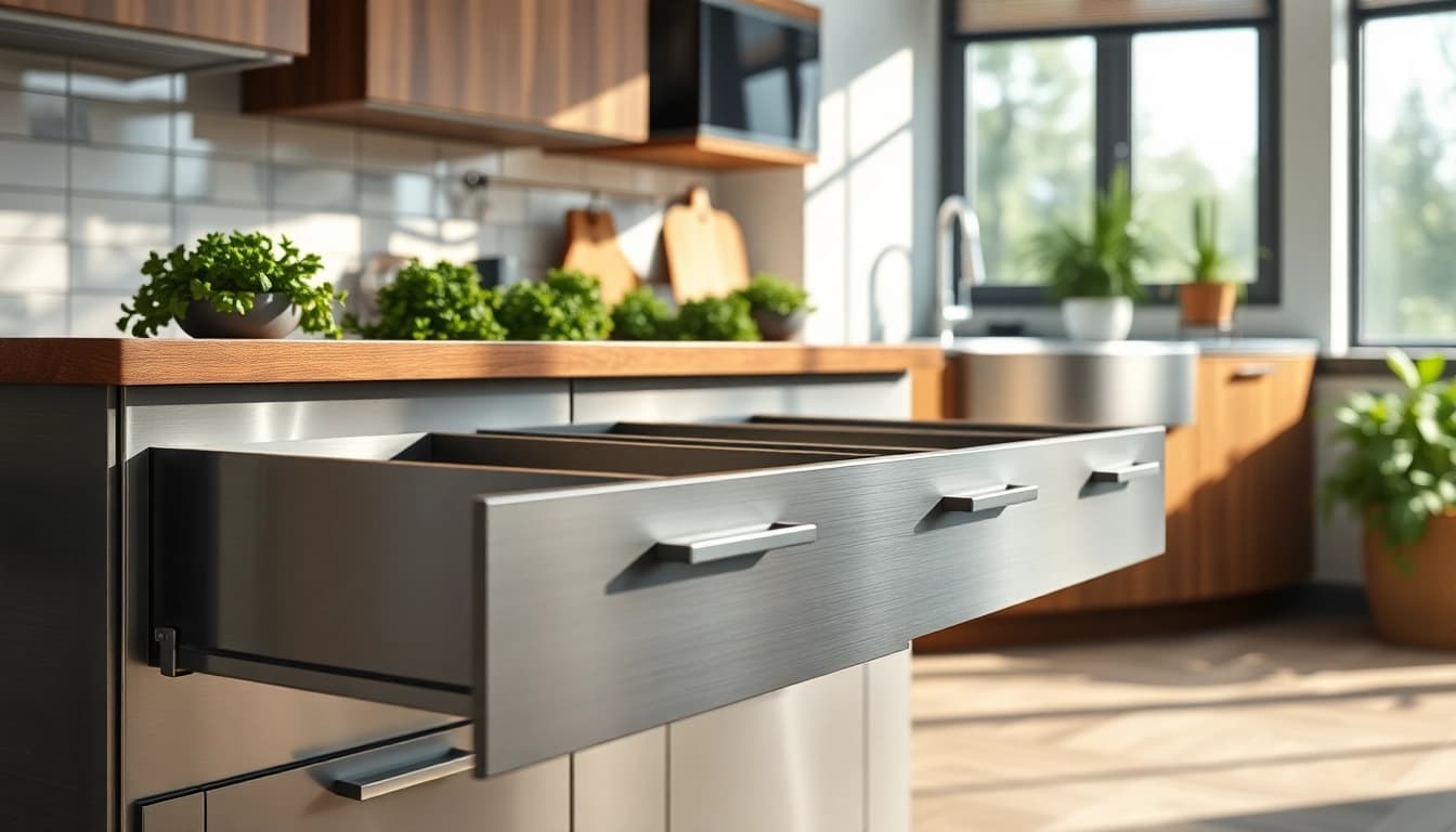 Das Metal Drawer System wird in einer modernen Küche präsentiert, die haltbaren Schubladen sind elegant herausgezogen.