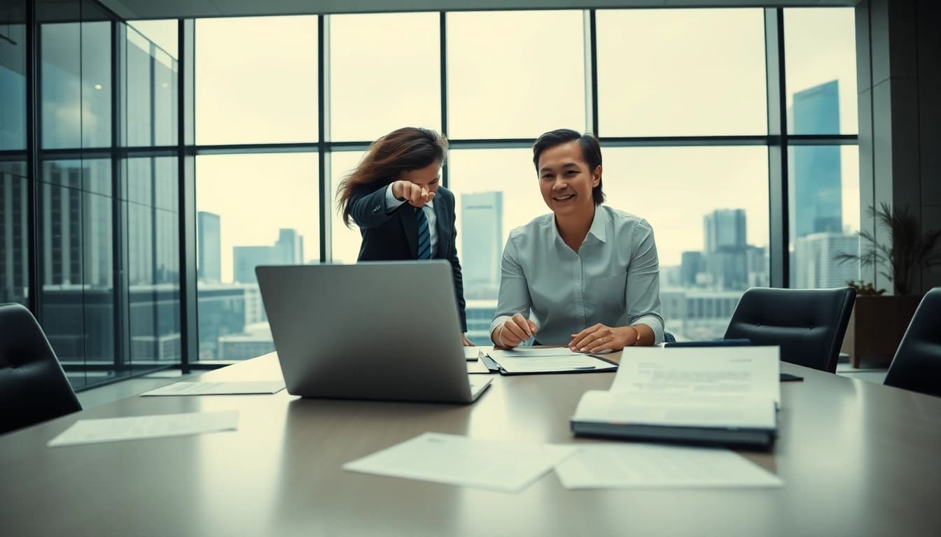 Headhunter Schweiz interagiert mit einem Kandidaten in einem modernen Büro.