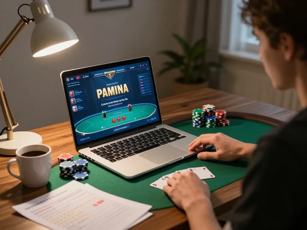 Engaging in game doi thuong with intense poker gameplay at home office, showcasing strategic atmosphere