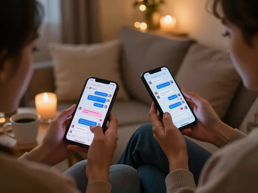 Couple cuddled on a couch engaging in sexting AI conversations on their smartphones, warm and inviting home atmosphere.