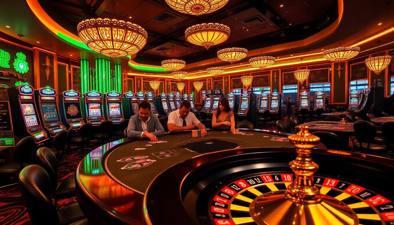 Nohu-themed luxurious casino scene with poker players, roulette wheel, and vibrant slot machines.