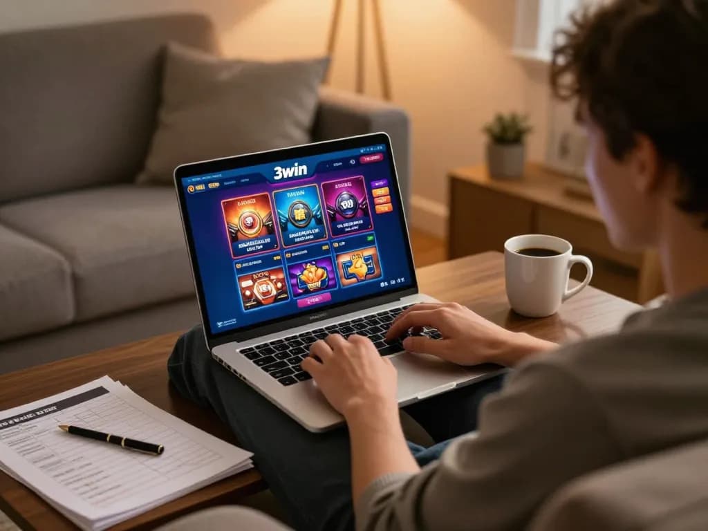 Engaging in online gaming at home with 3win on a laptop while tracking strategies.