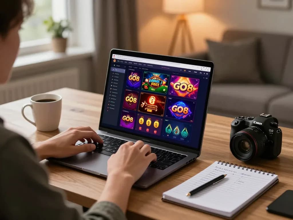 Engaging in Thủ thuật cá cược go8 while playing casino games on a laptop at home, surrounded by warm lighting and strategies.