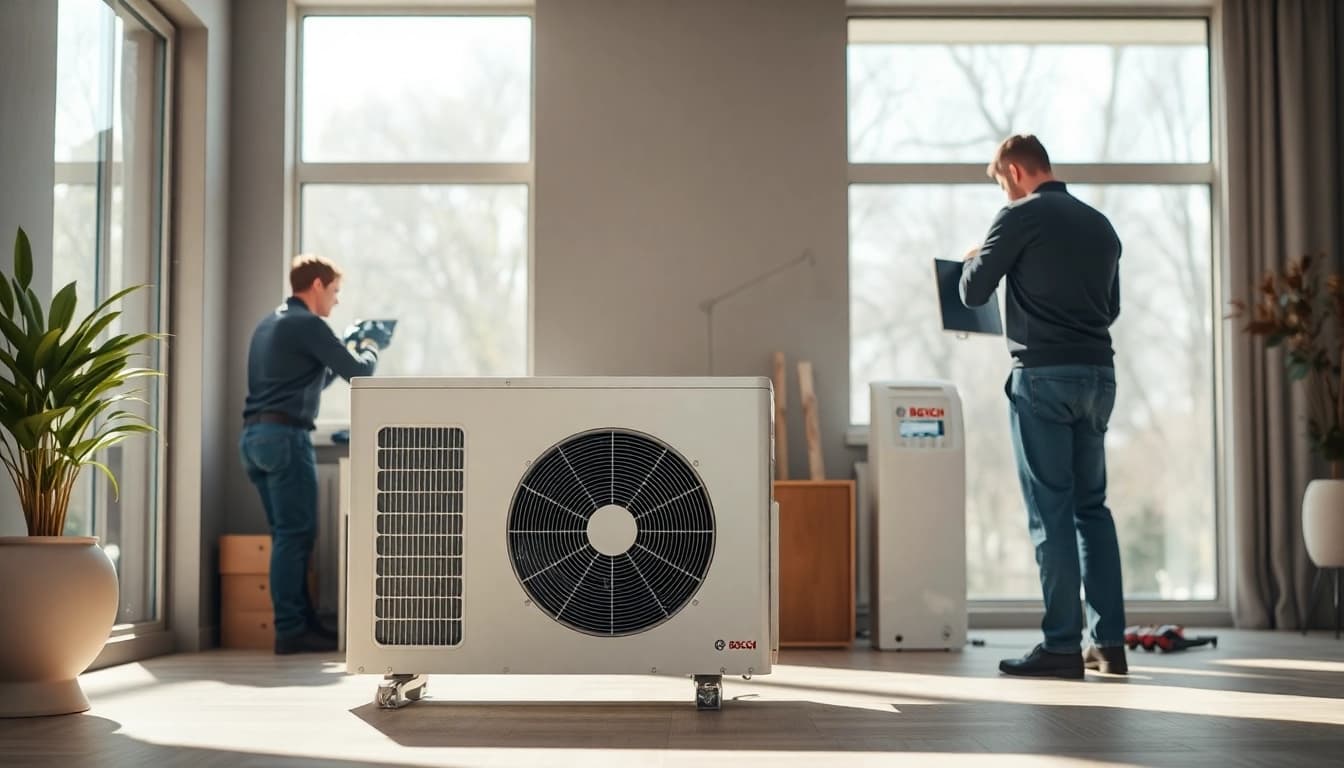 Installation der wärmepumpe bosch durch Fachleute in einem modernen Wohnumfeld.