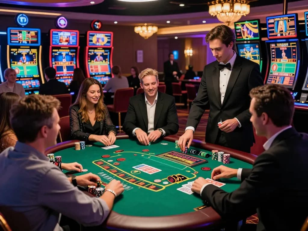 Exciting live casino atmosphere capturing players immersed in bong99 games, vibrant gaming tables, and engaging dealers.