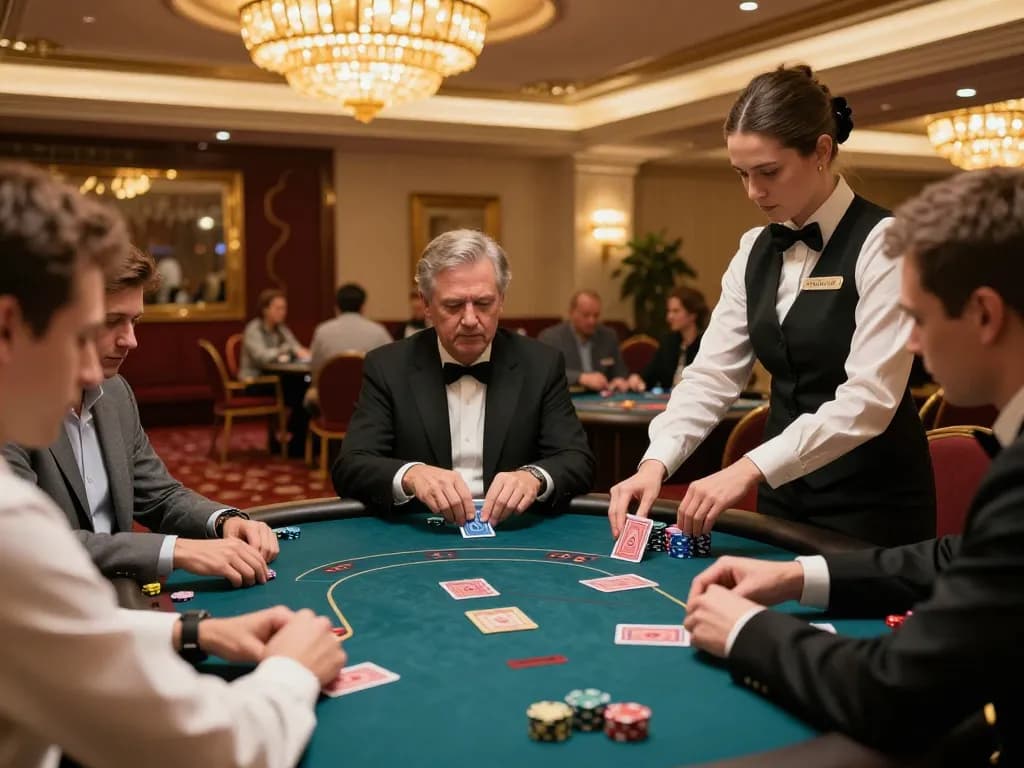 KJC players engaged in high-stakes poker at an upscale casino, showcasing strategic gameplay and sophisticated environment