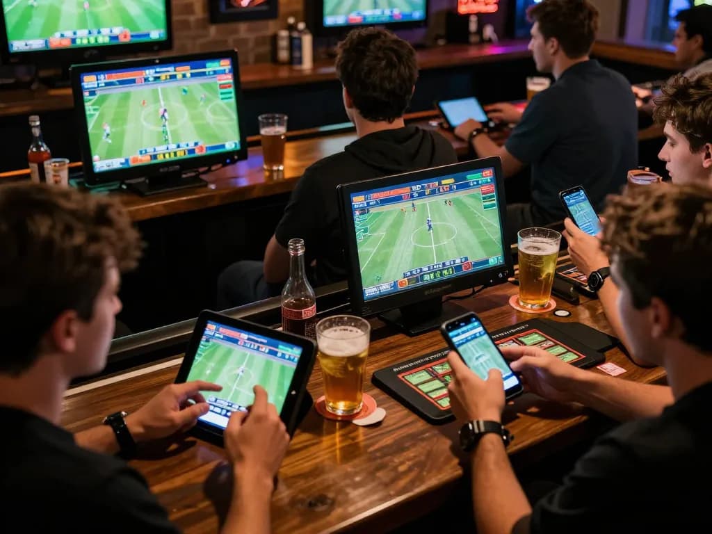 Engaged bettors placing wagers on King88 sports mobile app in a lively setting.