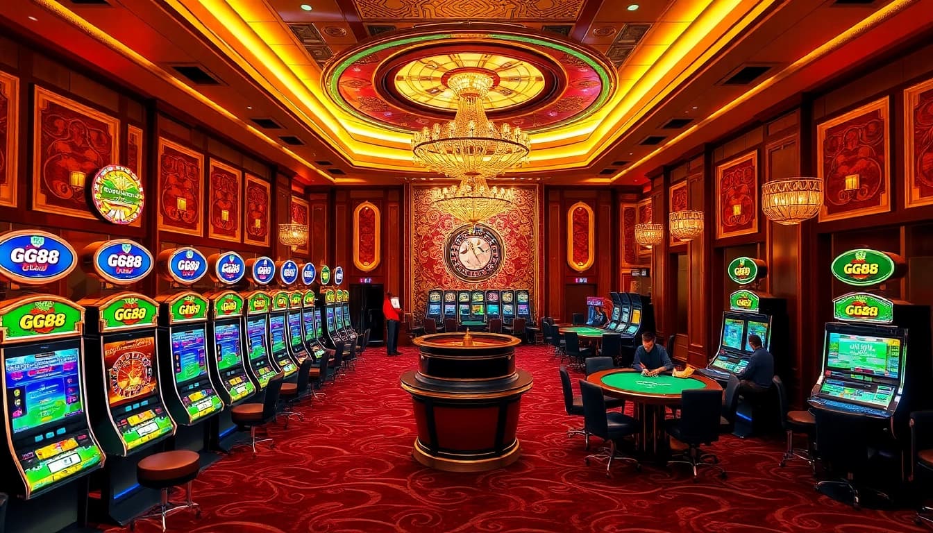 Players enjoying GG88-themed slot machines in a luxurious casino setting.