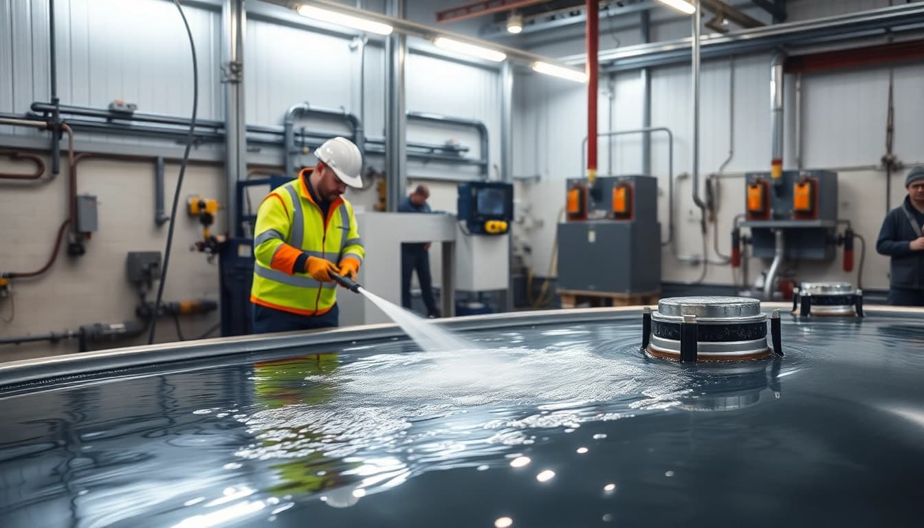 Professionelles Team reinigt einen Tank während der Tankreinigung im industriellen Bereich.