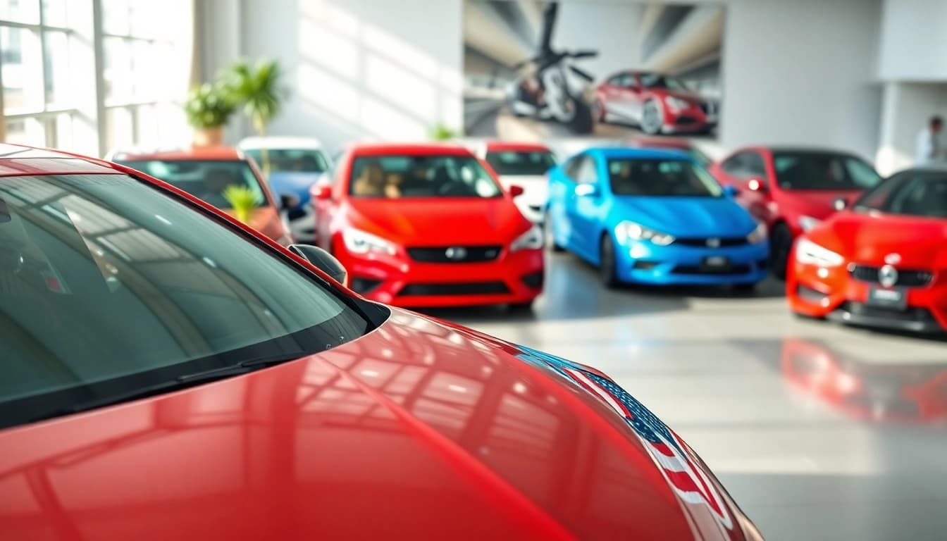 Auto kaufen in einem modernen Autohaus mit verschiedenen Fahrzeugen im Hintergrund.