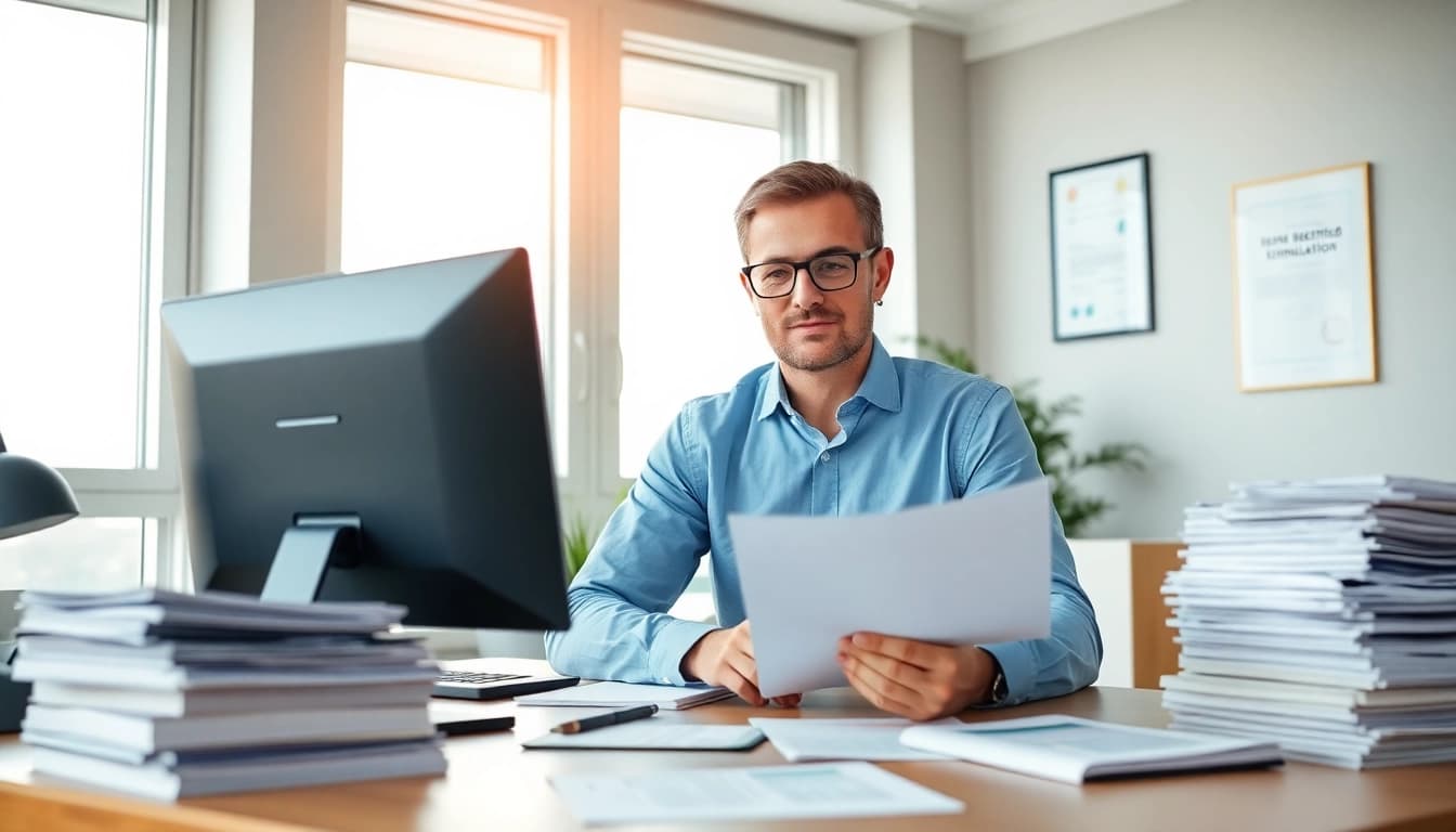 Beeidigter Übersetzer arbeitet in einer professionellen Büro-Umgebung.
