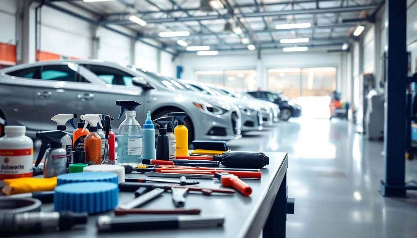 Fahrzeugaufbereitung in einem professionellen Werkstattumfeld mit glänzenden Autos und Werkzeugen.