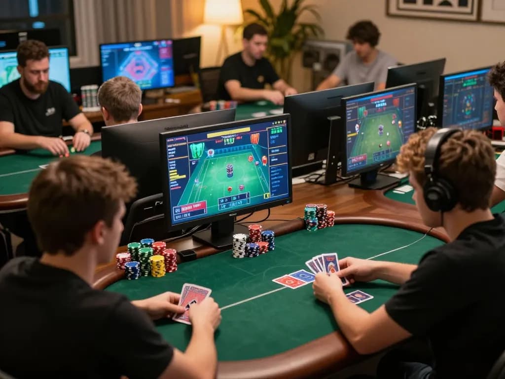 Players engaging in online poker strategies during competitive Go8 tournament, focused on game outcomes