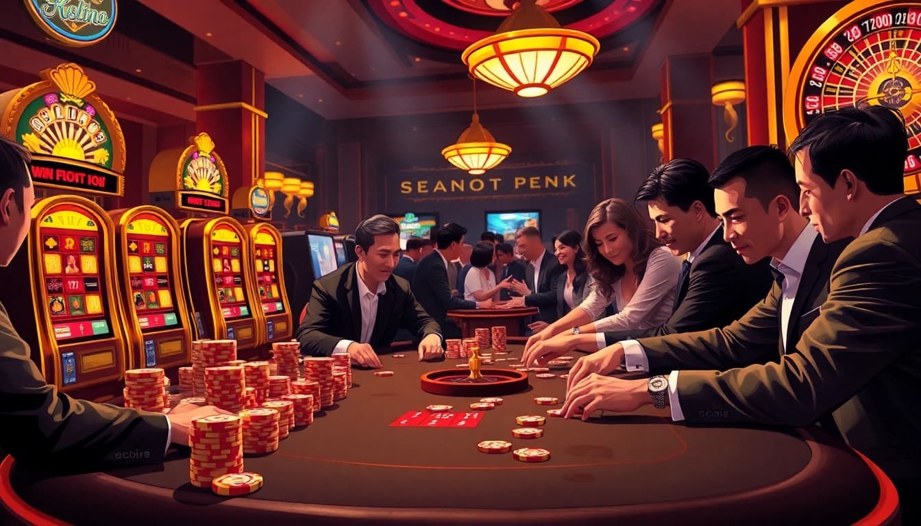 Players engaged in a high-stakes game featuring bancadoithuong poker chips, showcasing excitement and strategy.