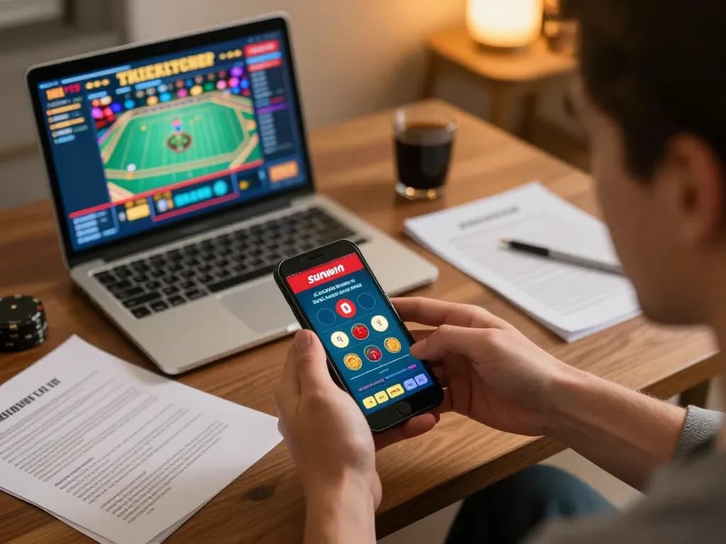 Player using the sunwin app on smartphone for online gambling strategy in a cozy home setting.