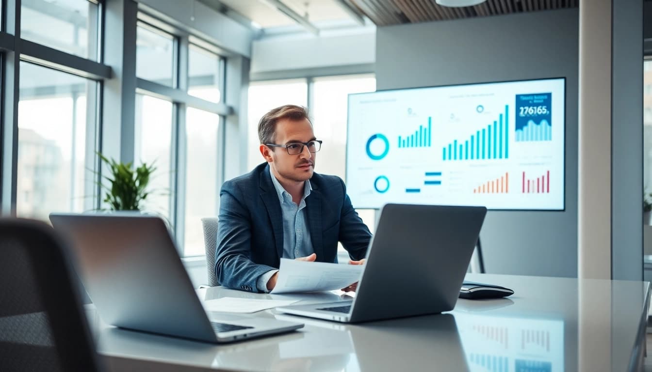Personalberater in einem modernen Büro bei einem Beratungsgespräch mit digitalen Grafiken.