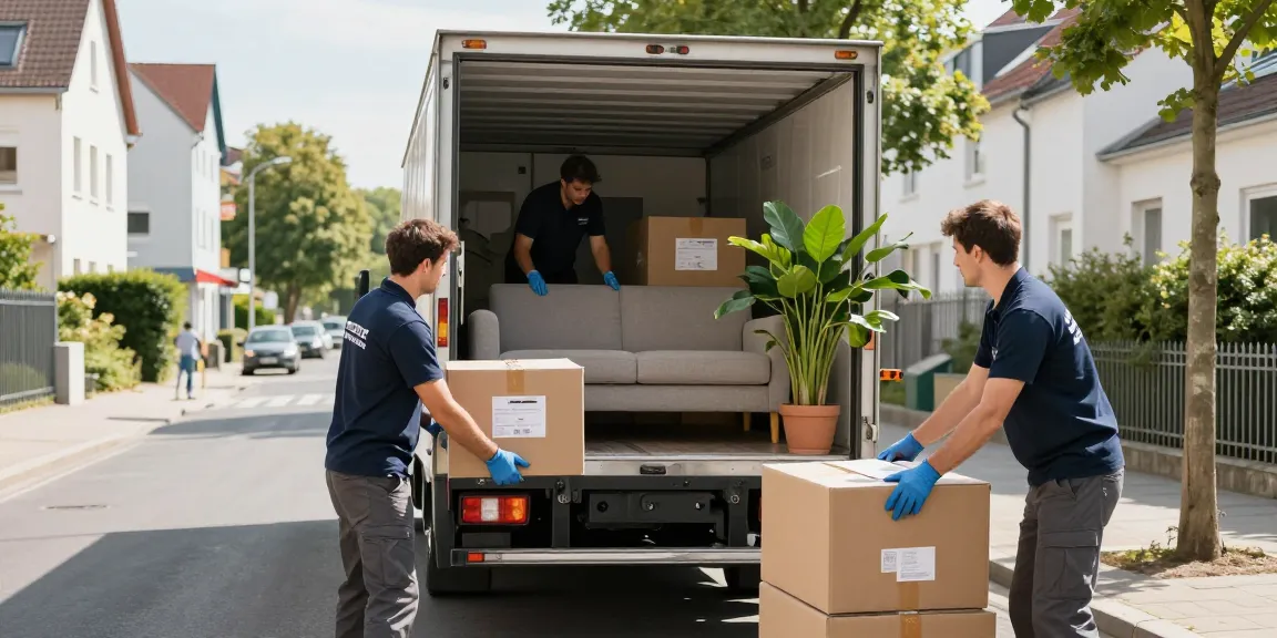 Umzugsunternehmen Darmstadt - Umzugsprofis packen Möbel sicher in einen Lkw in einer Stadtstraße.