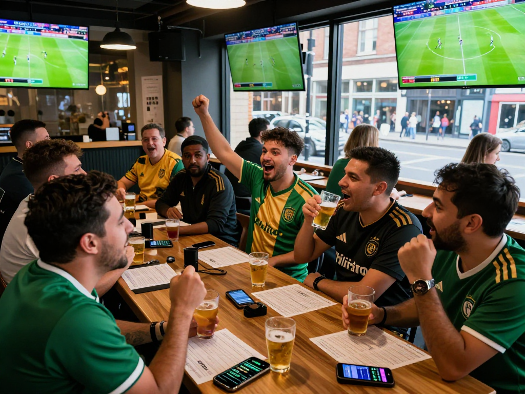 Fans im Sportbar beim Fußballwetten ohne Oasis während eines spannenden Spiels.