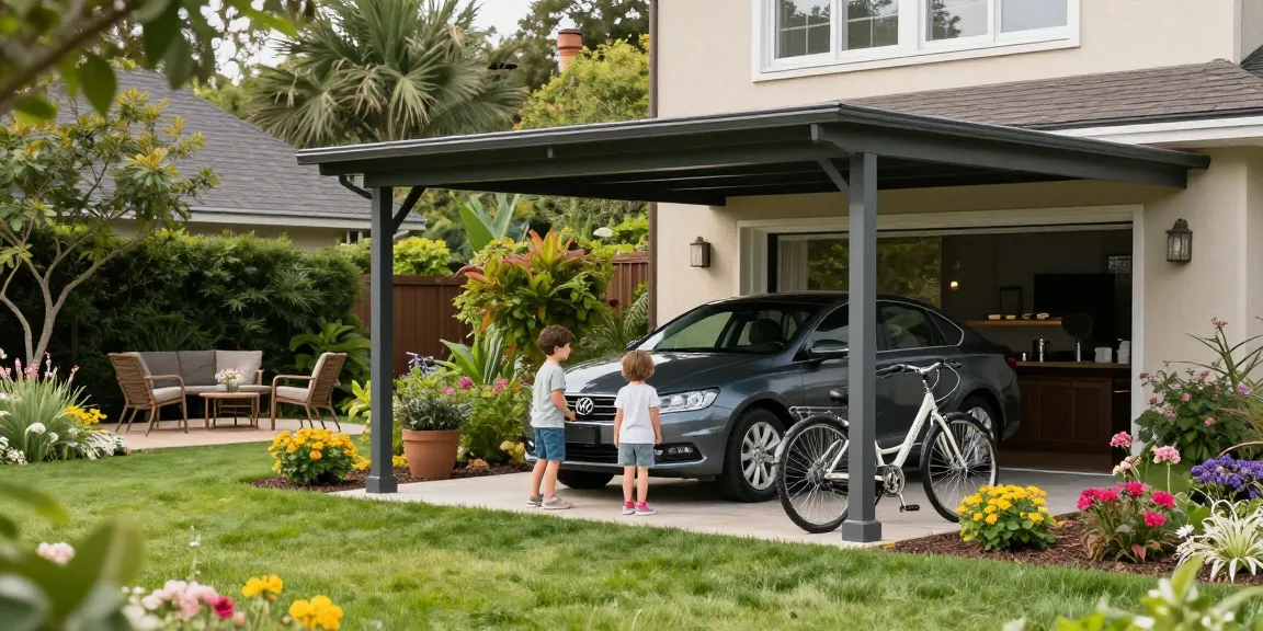 Moderne Carport-Konstruktion schützt das Fahrzeug in einem einladenden Garten.