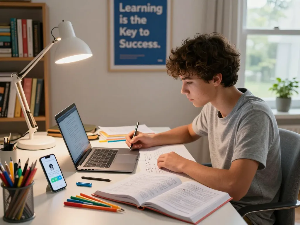 Student, der einen Hausaufgaben Löser online auf einem Laptop während einer Hausaufgaben-Studienseession zu Hause nutzt.