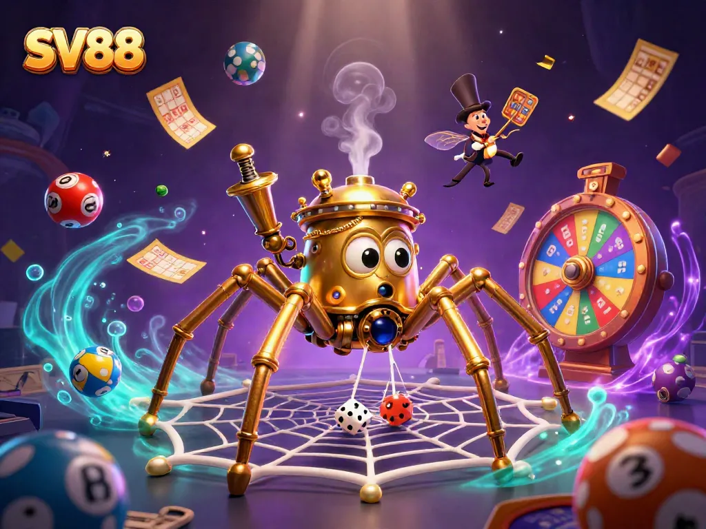 SV88 promotes excitement with a dynamic steampunk spider, vibrant lottery elements, and casino magic.