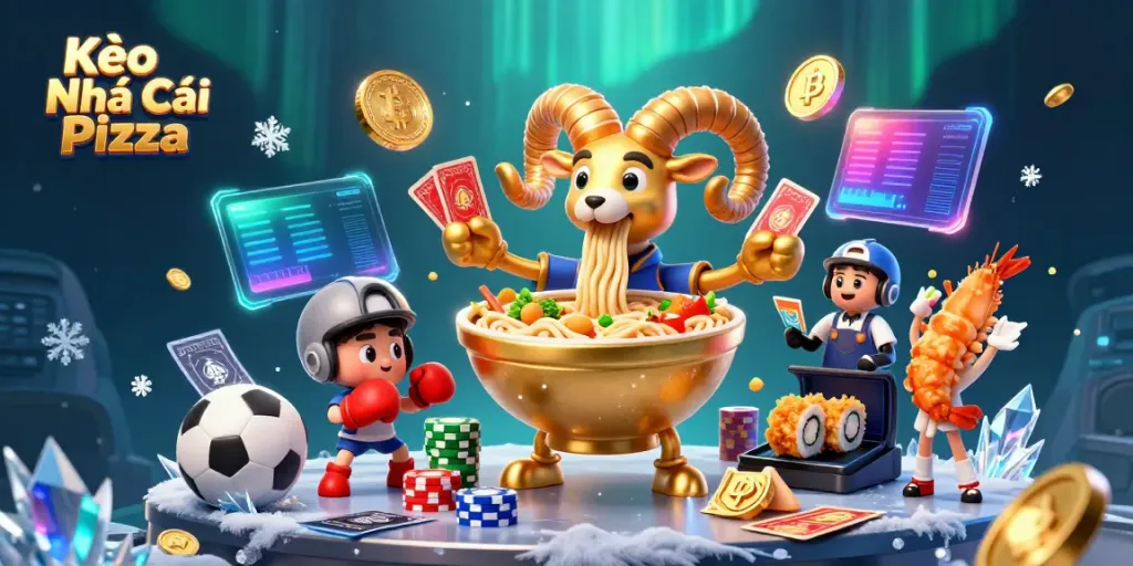 Kèo Nhà Cái Pizza brings sports betting excitement with dynamic 3D cartoon characters and vibrant crypto elements.