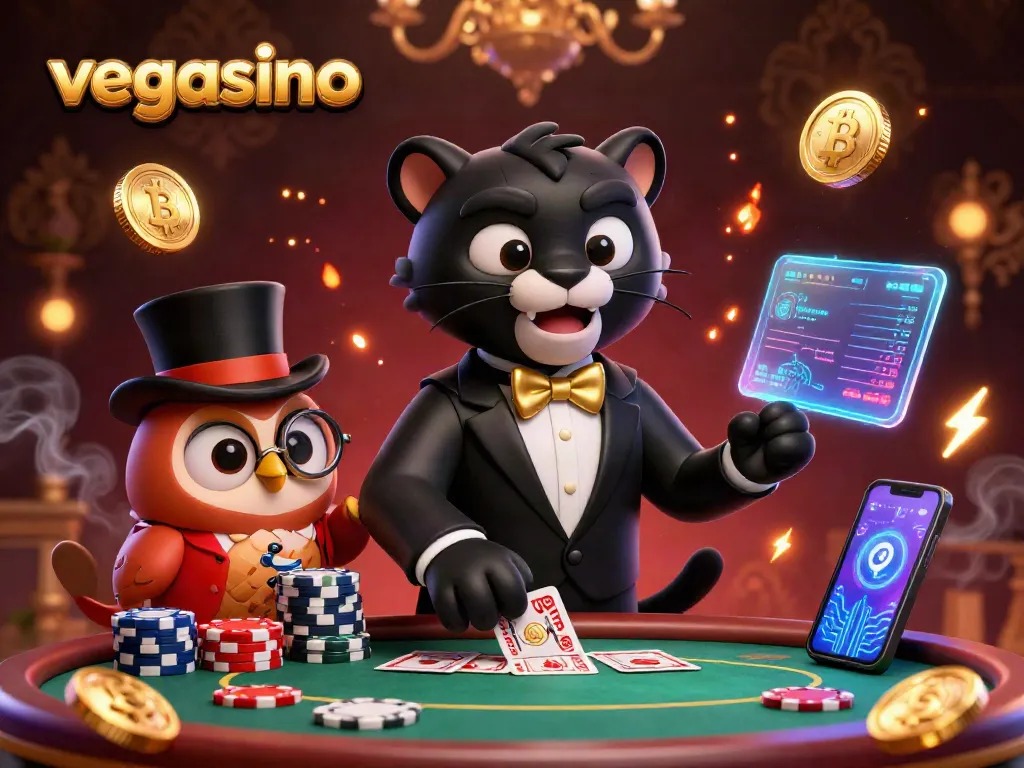 Play dynamically at vegasino with vibrant casino characters amidst glowing crypto elements.