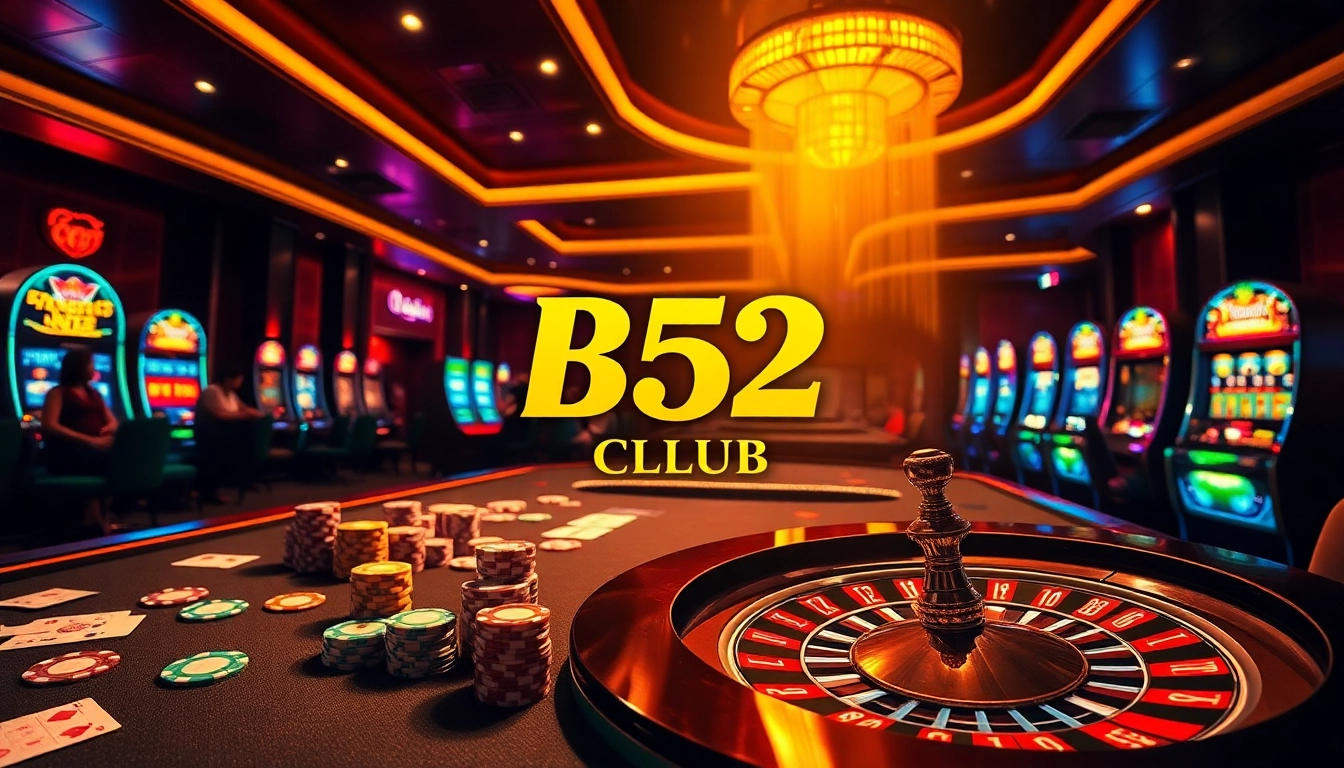 B52 Club casino scene with vibrant poker chips and a glowing roulette wheel.