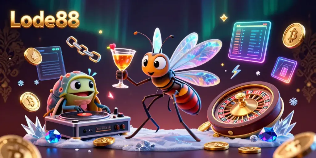 Lode88 mascot brings excitement to gaming with a golden cocktail, surrounded by dynamic slots and crypto elements.
