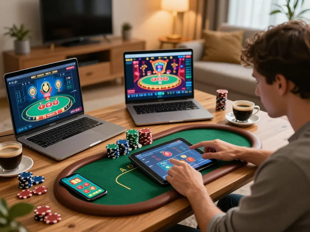 Engaging in a poker game on rikvip app, showcasing strategic gameplay at home