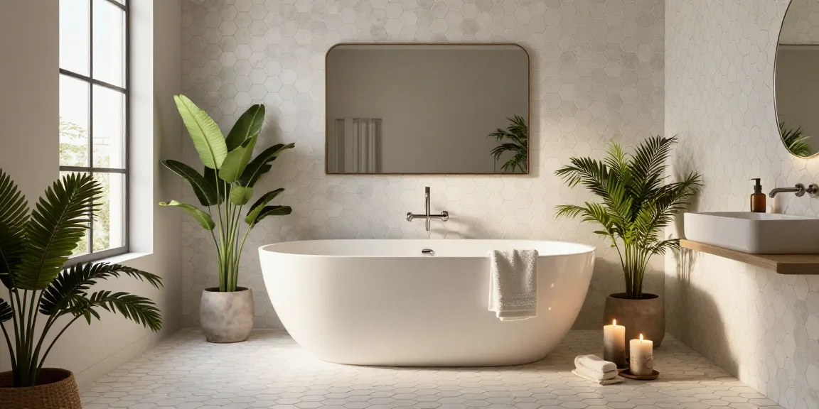 Stijlvolle badkamer met hexagon tegels op de vloer en muren, met moderne decoratie en natuurlijk licht.