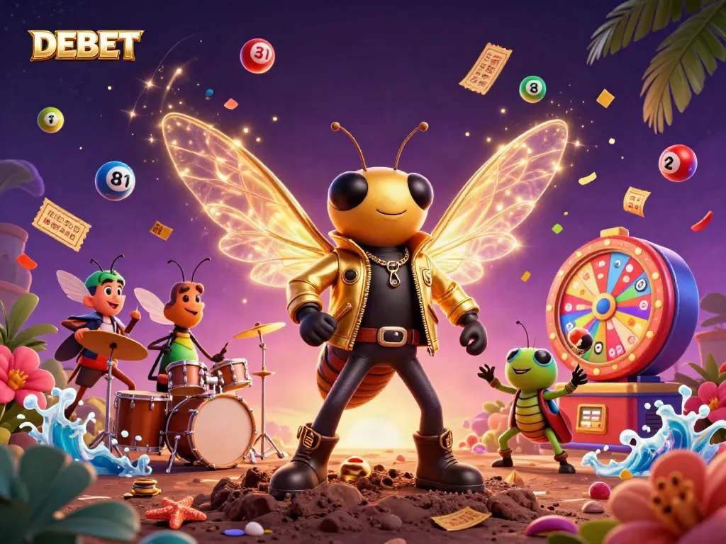 Experience winning excitement with DEBET in this vibrant 3D casino-themed illustration showcasing a rock star cicada and gaming elements.