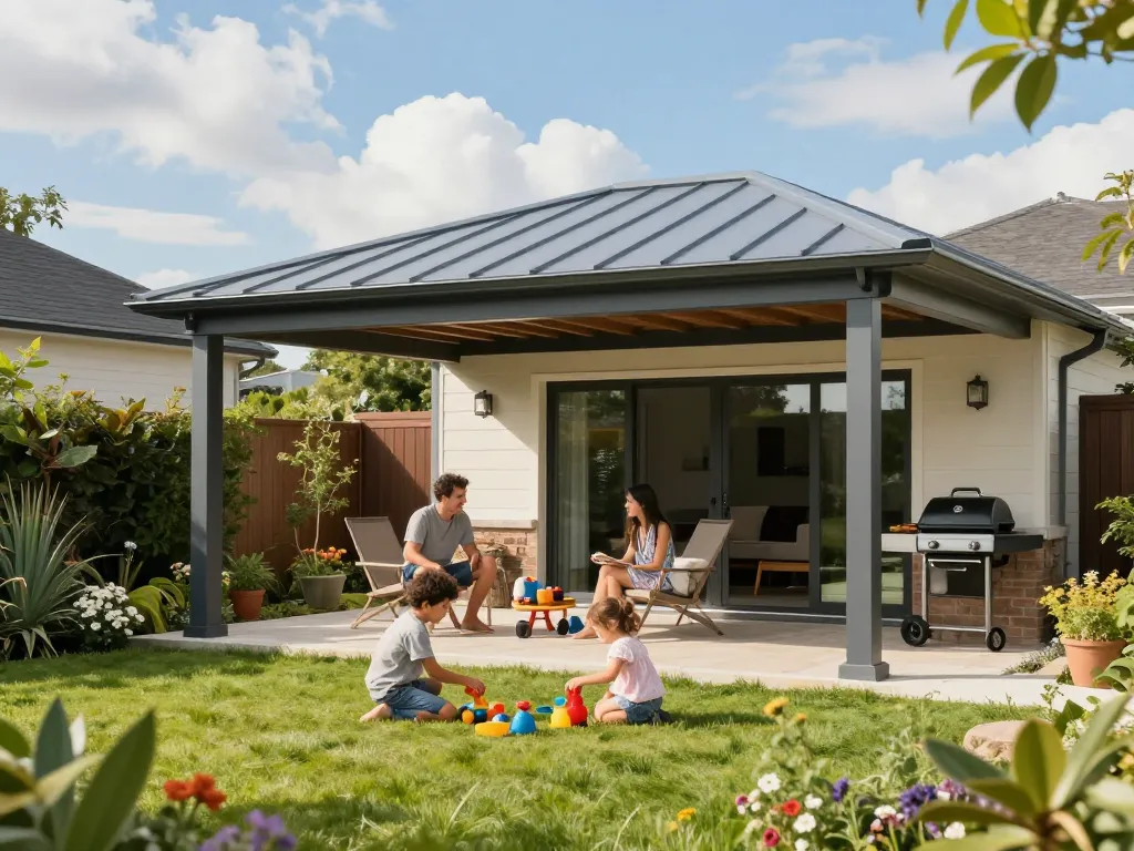 Geräumiger Garten mit einer Terrassenüberdachung, der die Familienzeit im Freien genießt.